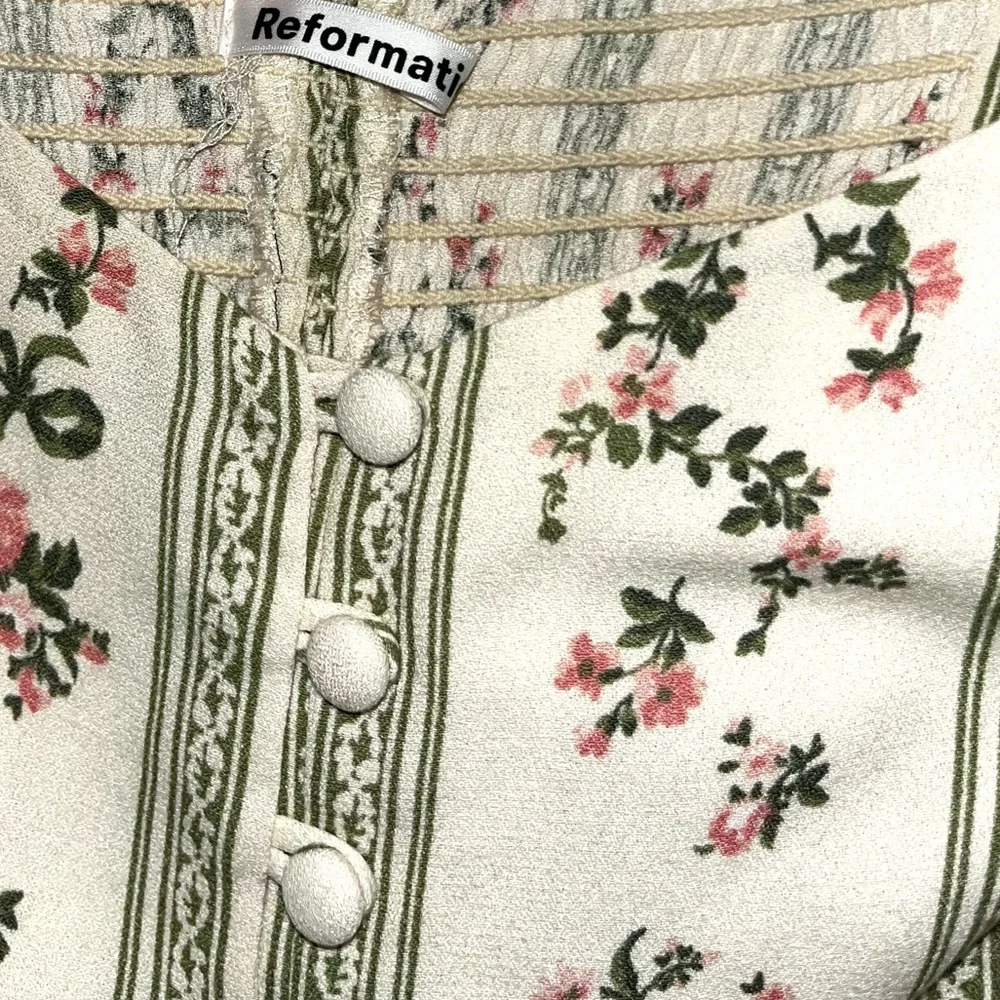 Reformation Cream Floral Peasant Blouse with Pink and Green Accents